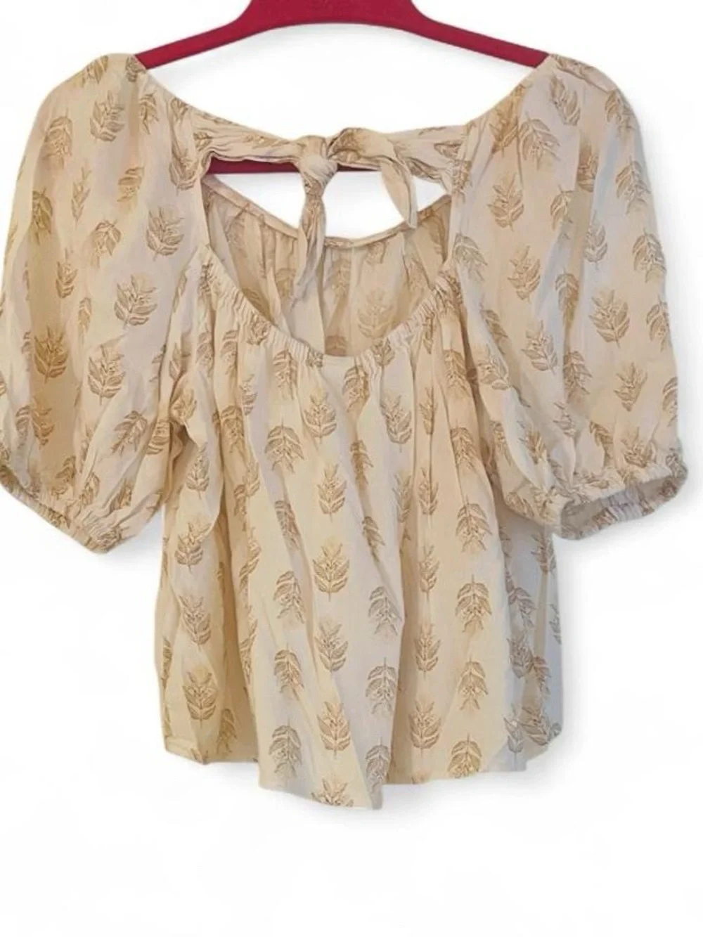 Old Navy Gold Leaf Peasant Blouse Off Shoulder Puff Sleeve Bow Back Small